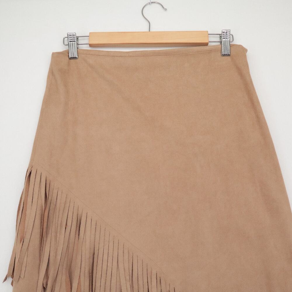 ELAN Size M Brown Fringe Short Skirt Microsuede Boho Hippie Festival Womens - Picture 7 of 8